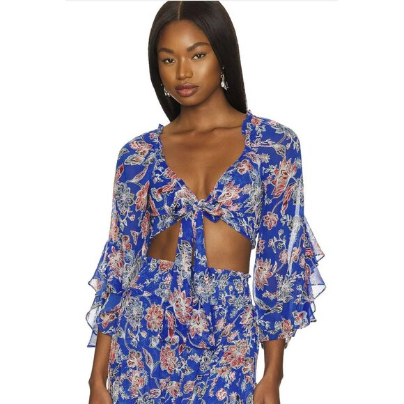 MISA Ancora Floral Tie Crop Top Blouse Blue NWT Size Small - Picture 1 of 8
